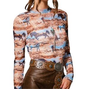 Blue B. Mesh Lace Horse Print Long Sleeve Boho Western